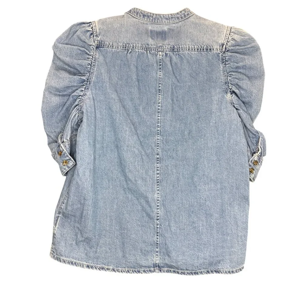 Industry Blue Denim Button Shirt with Puff Ruffle Ruche Sleeve Women sz L - Picture 3 of 9